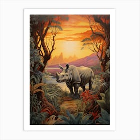 A Realistic Illustration Of A Rhino In The Sunset 2 Art Print