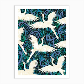 Blue Cranes Floral Pattern Art Print
