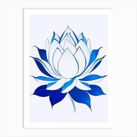 Lotus Flower And Water Symbol Blue And White Line Drawing Art Print