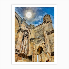 Stone Archway and Tower in Narbonne. The image captures a low-angle view of a weathered stone building with a prominent archway and a tower. The sun shines brightly in the blue sky, casting a warm glow on the aged stonework. The archway leads to a shadowy interior, while the tower stands tall against the clouds. Art Print