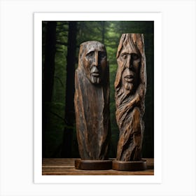 Weathered Wooden Sculpture Carved Human Features Detailed Grain Pattern Reminiscent Of Ancient Ar (1) Art Print