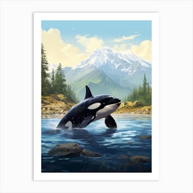 Realistic Painting Style Of Orca Whale Diving Out Of Water Art Print