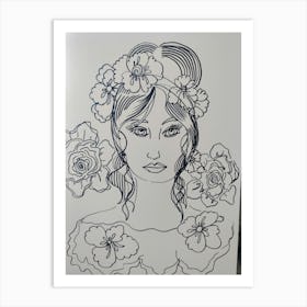 Girl with roses in black and white Art Print