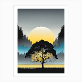 Sunset With A Tree, tree in sunset, tree, Forest, sunset,   Forest bathed in the warm glow of the setting sun, forest sunset illustration, forest at sunset, sunset forest vector art, sunset, forest painting,dark forest, landscape painting, nature vector art, Forest Sunset art, trees, pines, spruces, and firs, black, blue and yellow Art Print