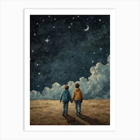 Two Boys Holding Hands Under The Stars Art Print