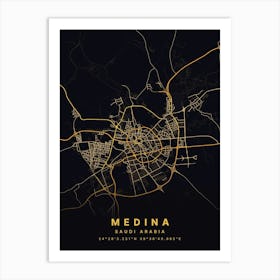 Medina Saudi Arabia Black And Gold Map Art Print