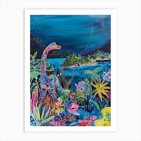 Dinosaur By The Ocean Colourful Painting Art Print