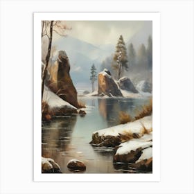 Ancient landscapes, old winter oil paintings and rocks around the lake bank. Snow is falling on the lake, old colors.5 1 Art Print