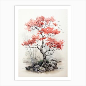 A Cherry Tree, Japanese Brush Painting, Ukiyo E, Minimal 4 Art Print