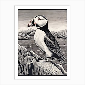 B&W Bird Linocut Puffin 3 Art Print