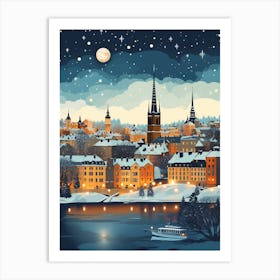 Winter Travel Night Illustration Stockholm Sweden 2 Art Print