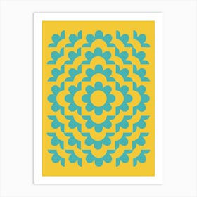 Midcentury Modern Abstract Geometric Flower Pattern Floral in blue teal mustard Art Print