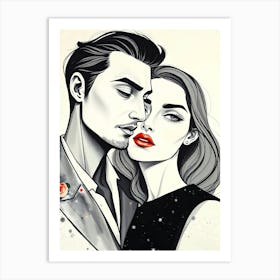 Couple Black and White Drawing Portrait Art Print