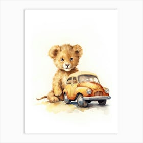 Playing With Toy Car Watercolour Lion Art Painting 2 Art Print