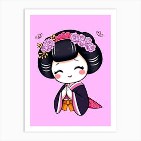 Shy Geisha Cartoon Girl - Color Illustration Art Print