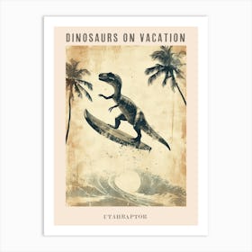 Vintage Utahraptor Dinosaur On A Surf Board 1 Poster Art Print