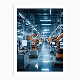 Futuristic Factory Interior Bustling With Ai And Robotics Managing Operations Overhead Drones Perfo (3) Art Print