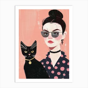 Black Cat And Girl Art Print