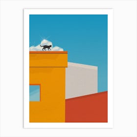 Minimal art colorful Cat On Roof Art Print