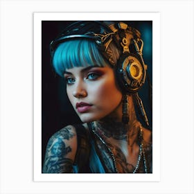 Young Woman With Tattoos And Headphones Art Print