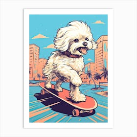 Maltese Dog Skateboarding Illustration 3 Art Print