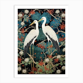 Foliage And Cranes Vintage Japanese Botanical Art Print