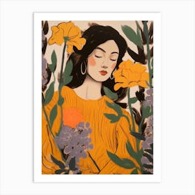 Woman With Autumnal Flowers Aconitum 3 Art Print