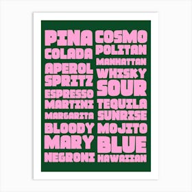 Cocktail List Typography Pink and Green Art Print