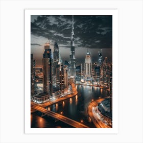 Dubai Skyline At Night Art Print