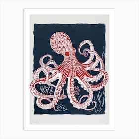 Navy Blue & Red Linocut Inspired Octopus 1 Art Print