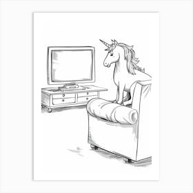 Unicorn Watching Tv Black And White Doodle Art Print