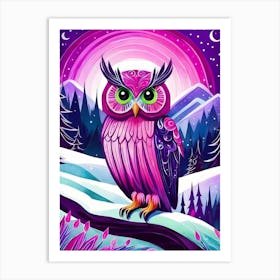 Pink Owl Snowy Landscape Painting (107) Art Print