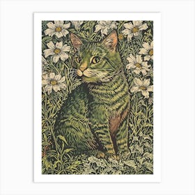 Green Cat In Daisies Art Print