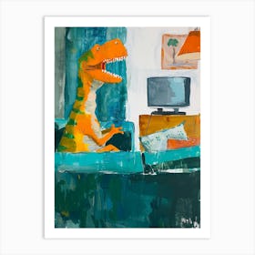 Dinosaur Watching Tv Blue Green Orange 4 Art Print