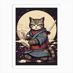Cute Samurai Cat In The Style Of William Morris 8 Art Print