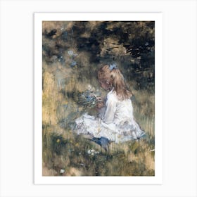 Little Girl In The Grass. Vintage Nursery Oil Painting, Kids Room Illustration Art Print