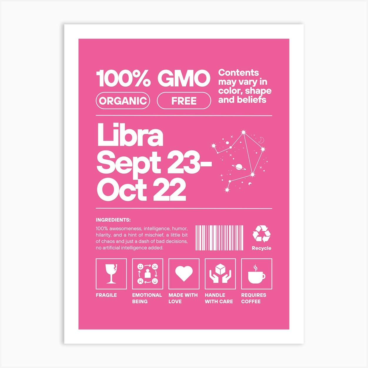 Libra Wall Art | Libra Nurtriton Facts Wall Art |Pink Zodiac Decor | Dorm, Office, Living Room, Bedroom, Apartment Wall Art | Trendy Preppy Colorful