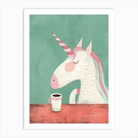 Pastel Storybook Style Unicorn Drinking Coffee In A Cafe 1 Art Print