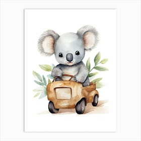 Baby Koala On A Toy Car, Watercolour Nursery 1 Art Print