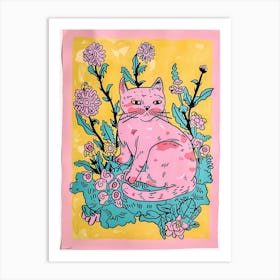 Cute Kitty Cat With Flowers Illustration 4 Art Print