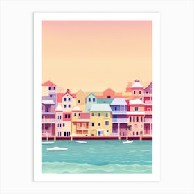 Seaside Oil Paints Marina Townhouses Blue Sea Pastel Muted Pinks Peach Sky Art Print