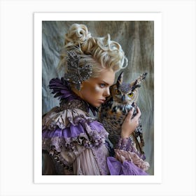 Owl and blonde woman Portrait Art Print