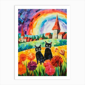 Two Black Cats With A Colourful Medieval Village In The Background Art Print