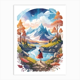 A Girl With River And Mountain Background Art Print