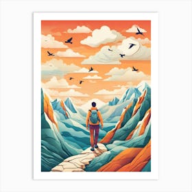 Illustration Of A Man Walking In The Mountains Art Print