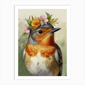 Robin With Flower1 Crown Style Watercolor Art Print