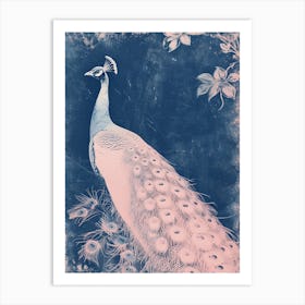 Pink & Blue Peacock Cyanotype Style 2 Art Print