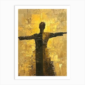 Silhouette With Outstretched Arms – Abstract Textured Art In Gold Tones Art Print