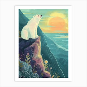 Polar Bear Looking At A Sunset From A Mountaintop Storybook Illustration 4 Art Print