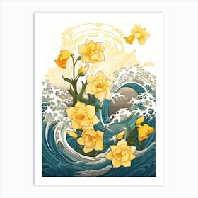 Great Wave With Daffodil Flower Drawing In The Style Of Ukiyo E 3 Art Print